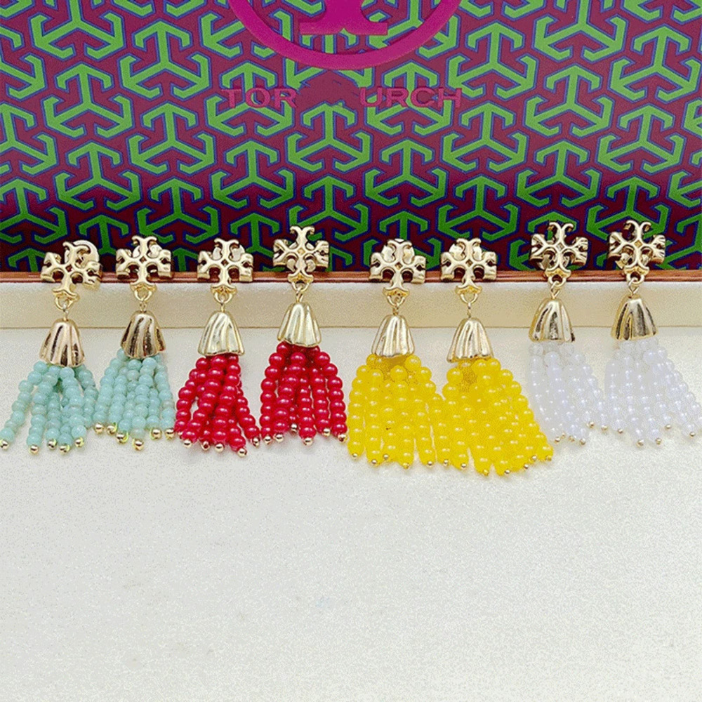 Tory Burch 3D Metal Letter Bead Tassel Earrings